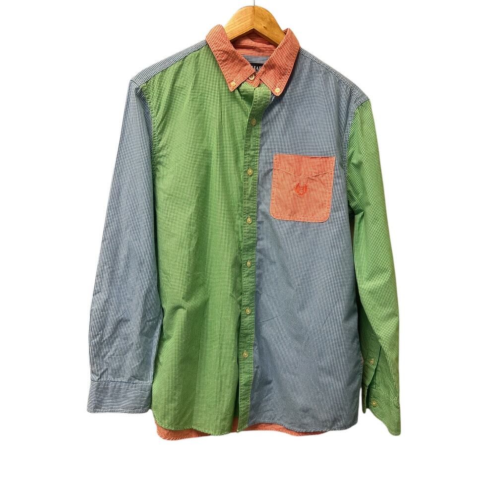 Chaps Ralph Lauren Patchwork Shirt M Button Down Blue Red Green Easy Care Preppy